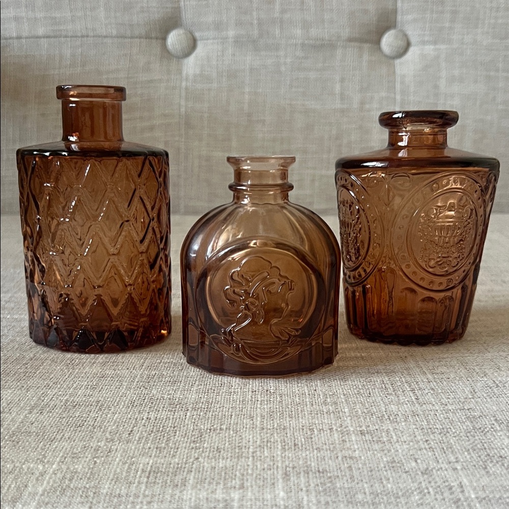 Amber Glass Decorative Bottles - Set of 3